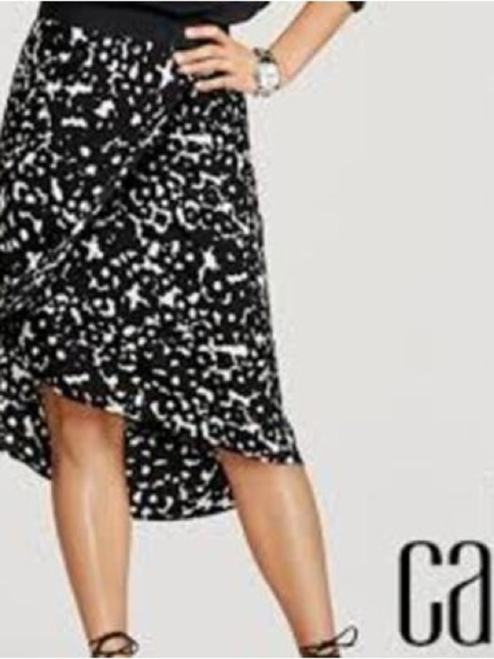 CAbi Dixon Skirt Style 5321 Large Black White Ink Floral Faux Wrap High Low NWOT